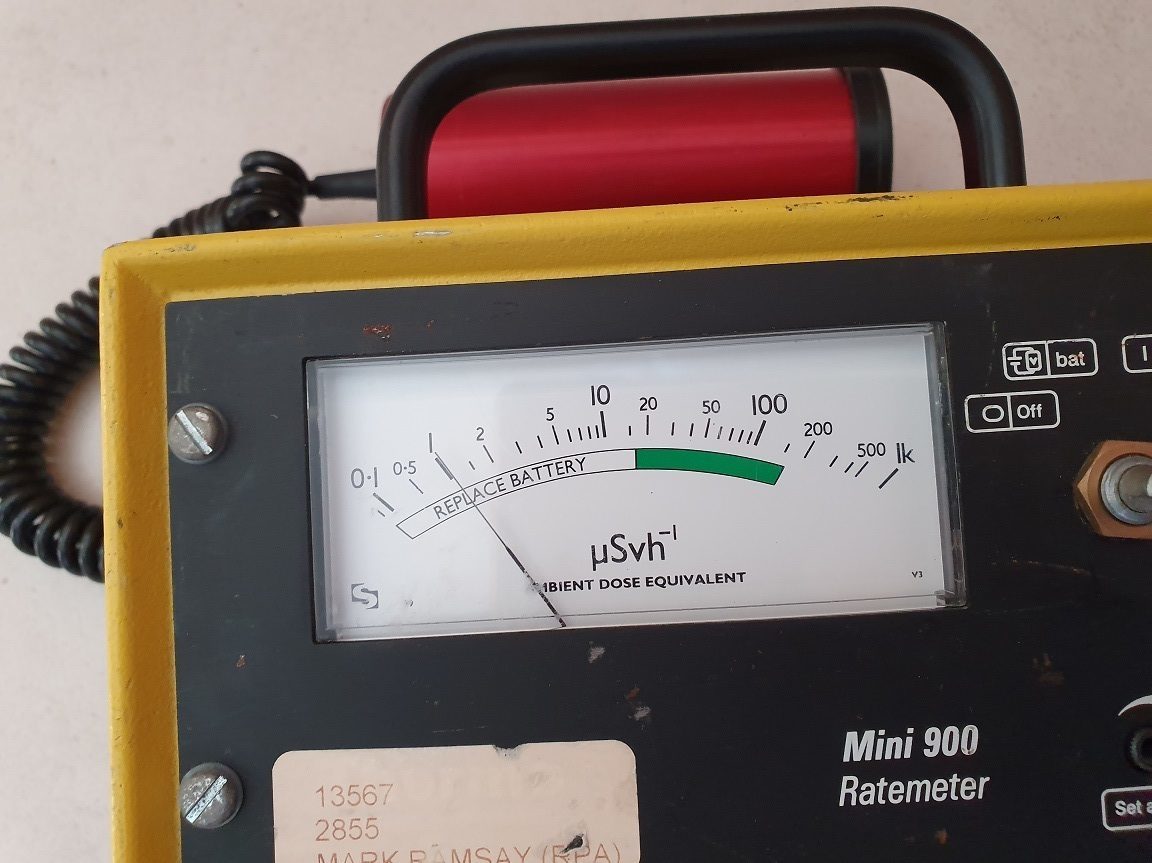 Mini 900D radiation monitor measuring 'about' 1 micro Sv/h